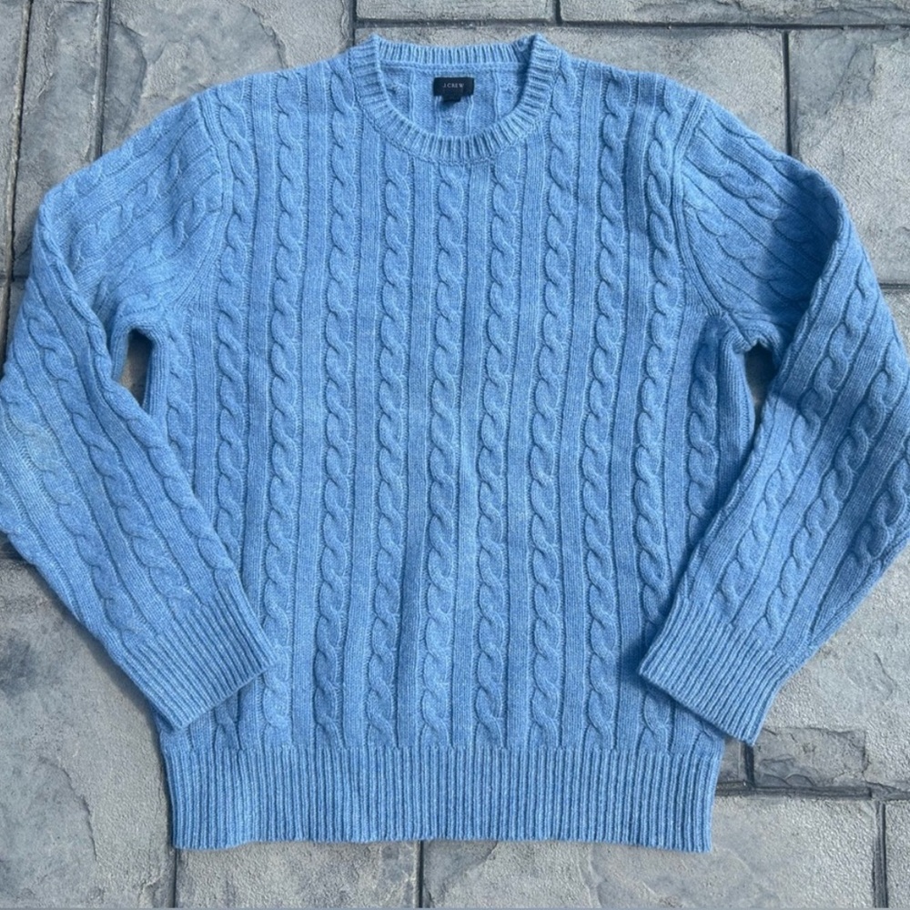 J. Crew Heathered Blue Lambswool Wool Cable Knit Crewneck ALT Rory Gilmore